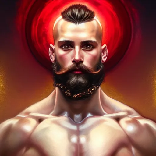 Image similar to portrait of a heavenly god, male, red and white and gold, masculine, beard, upper body, muscular, fantasy, intricate, elegant, dramatic lighting, highly detailed, digital painting, artstation, concept art, matte, sharp focus, illustration, art by artgerm and greg rutkowski and alphonse mucha