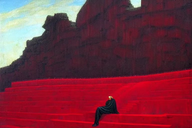 Image similar to only with red, a red melted emperor, taormina amphitheatre, crowd hails him happy, in the style of beksinski, parts by edward hopper, parts by rodcenko, parts by yue minjun, intricate and epic composition, red by caravaggio, insanely quality, highly detailed, masterpiece, red light, artstation, 4 k