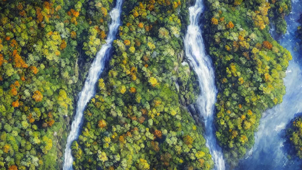 Image similar to The most beautiful panoramic landscape, oil painting, where a giant dreamy waterfall creates a river, the trees around are starting to bloom in a variety of colors, by Greg Rutkowski, aerial view