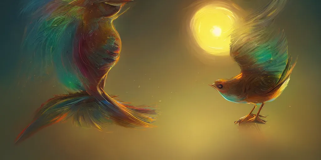 Image similar to baby bird, sunrise, pot of gold, rainbow, sci-fi, fantasy, intricate, very very beautiful, elegant, highly detailed, digital painting, artstation, concept art, smooth, sharp focus, illustration