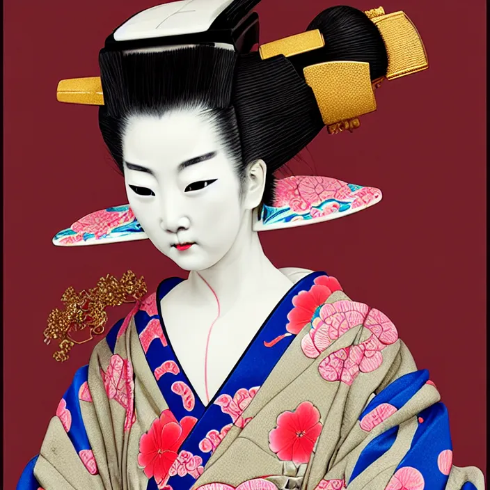 Image similar to ceramic cyborg geisha, kimono with Kakiemon design with plums and stylized flowers in glaze and gilding Edo period 1670–1690, diffuse lighting, fantasy, intricate, elegant, highly detailed, lifelike, photorealistic, digital painting, artstation, illustration, concept art, smooth, sharp focus, art by John Collier and Albert Aublet and Krenz Cushart and Artem Demura and Alphonse Mucha
