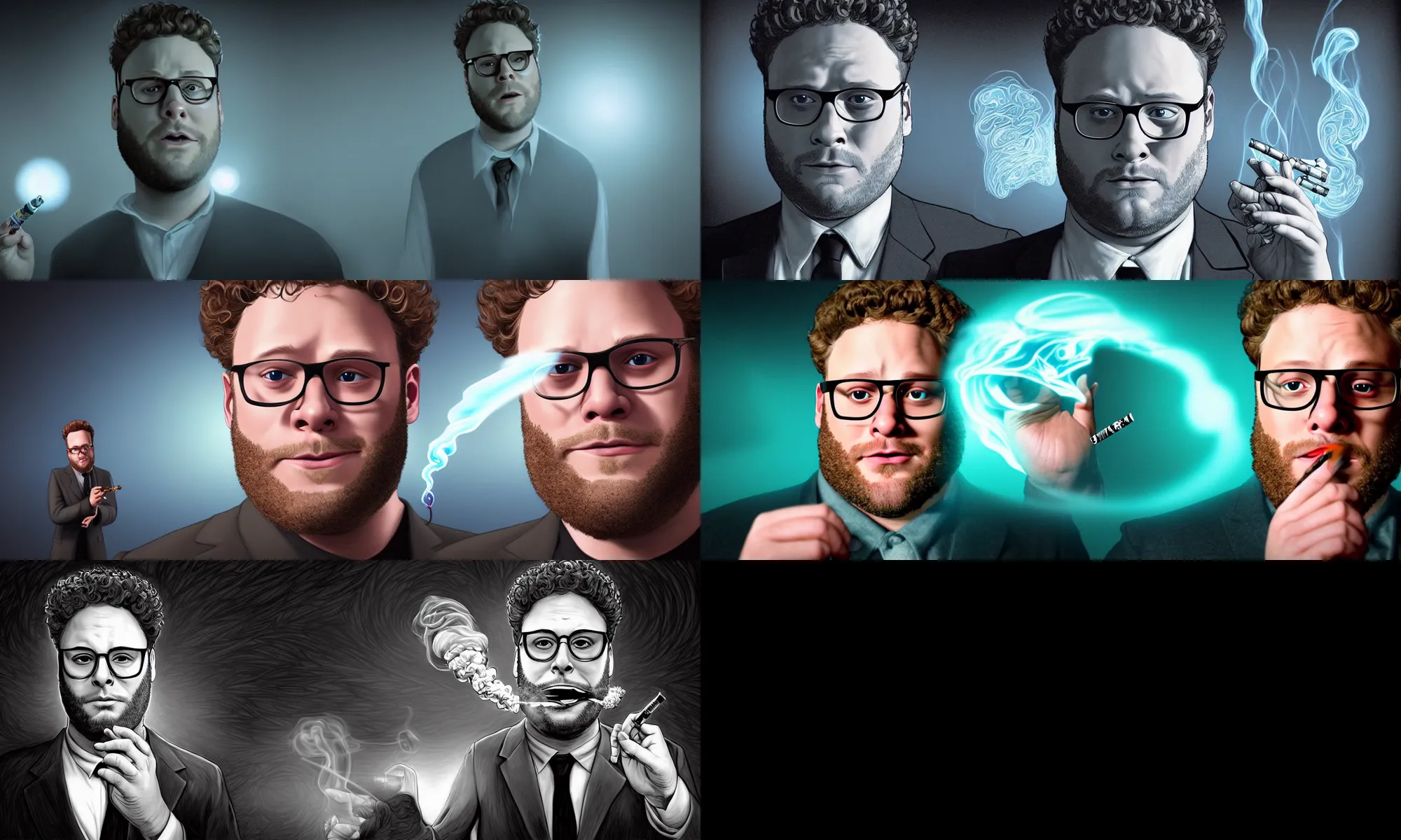 Prompt: a beautiful and intricate digital art of a handsome seth rogen poorly disguised as an extra - terrestrial alien smoking a joint in the style of the movie men in black ( 1 9 9 7 ) and mobius, escher, junji ito, detailed, cinematic, studio lighting, magic realism, artstationhq, unreal engine 5, volumetric fog, volumetric light
