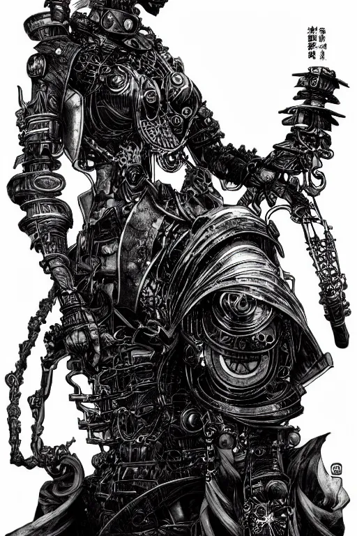 Image similar to a vertical portrait of a character in a scenic environment by yoshitaka amano and nihei tsutomu, black and white, dreamy, steampunk armor, highly detailed