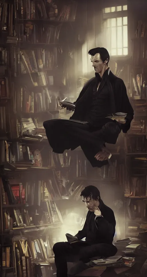 Prompt: Benedict Cumberbatch as dr. strange, dressed in a black shirt and black pants, sitting alone in his room, books messy about the room, sad, somber, airbrush render, by Ross Tran, Makoto Shinkai