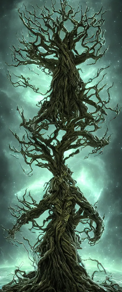 Prompt: Sheets of Star Twist recursively into a plasma hybrid Tree Form, The Grand Galaxy GodFather Treebeard End; Lord of the Rings; from dungeons and dragons and art direction by James Cameron ;by artgerm; wayne reynolds art station; cinematic quality character render; low angle; ultra high quality model; production quality cinema model; 4K; 8K; Grand, epic masterpiece, cinematic