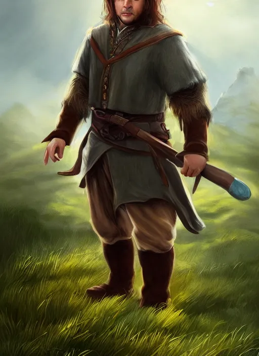 Image similar to A fantasy portrait painting of a male hobbit wearing leather armor on a beautiful meadow, DAZ, hyperrealistic, ambient light, dynamic light, trending on artstation, d&d, RPG portrait