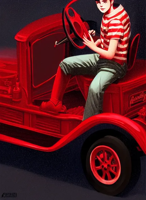 Image similar to teenage archie andrews, in a red ford model t, intricate, elegant, glowing lights, highly detailed, digital painting, artstation, sharp focus, illustration, art by wlop, mars ravelo and greg rutkowski