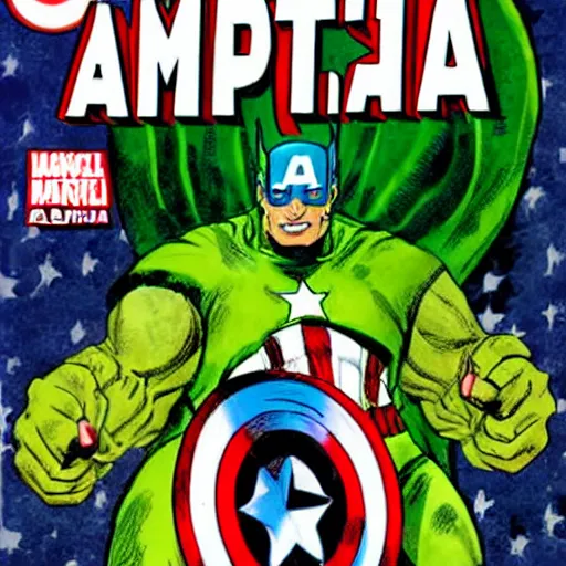 Image similar to Captain America versus a vilain dressed as a giant pickle, comic book cover, by Stan Lee