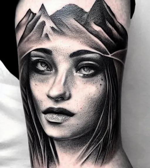 Image similar to amazing blend effect of beautiful mountain scenery with a beautiful woman face, tattoo design sketch, hyper - realistic, in the style of matteo pasqualin, amazing detail, black and white