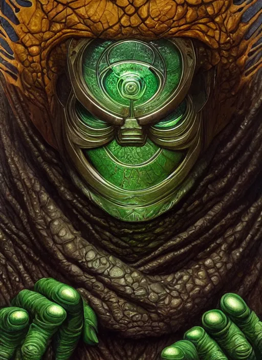 Image similar to duncan trussell mf doom reptile eyes, green skin. intricate, elegant, highly detailed, centered, digital painting, artstation, concept art, smooth, sharp focus, illustration, artgerm, tomasz alen kopera, peter mohrbacher, donato giancola, joseph christian leyendecker, wlop, frank frazetta