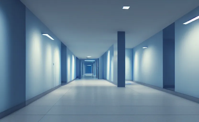 Prompt: an hallway in hospital with soft blue lights in the roof, octane render, artstation trending, highly detailded