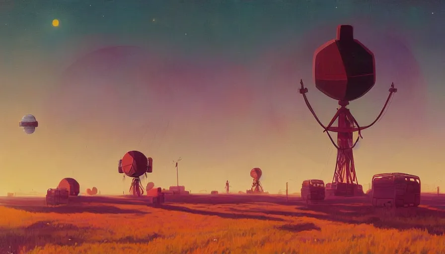 Image similar to space antennas, sun in the sky, early morning, open field, hexagon blocking the sun, simon stalenhag, art deco painting