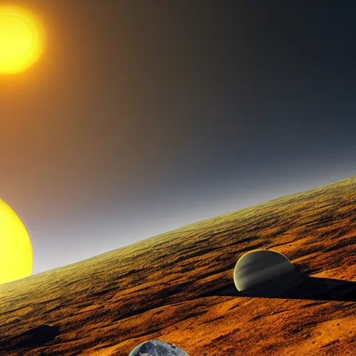 Prompt: rocky grey planet with huge sun on the horizon