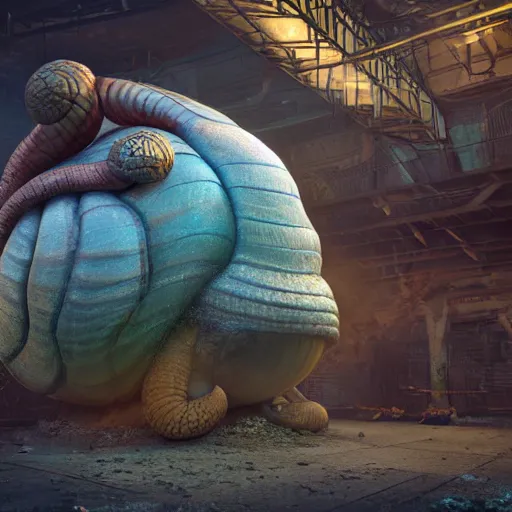 Prompt: huge Snail Monster art by Mike Winkelmann, power auras, sigils, tattered cloth robes, substance 3d painter, PBR textures, Physical based rendering, cinematic, hyper realism, high detail, octane render, unreal engine, 8k, Vibrant colors, Smooth gradients, High contrast, depth of field, aperture