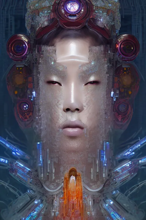 Prompt: dreamland of chinese, ghost, gorgeous and huge head ornaments, dystopian, cyberpunk, organic fractal mycelum and fungi, mecha, halfturn portrait of a big crystal face made of crystals half - turn, ominous, intricate, studio, art by anthony macbain + greg rutkowski + alphonse mucha, concept art, 4 k, sharp focus