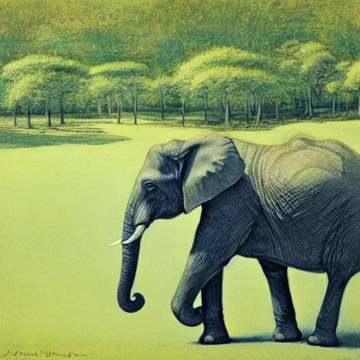 Image similar to Portrait of an elephant on a green meadow, style Franklin Booth