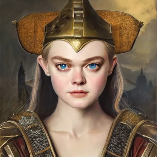 Image similar to ultra realistic portrait painting of elle fanning as a medieval knight, art by frank frazetta, 4 k, ultra realistic, highly detailed, epic lighting