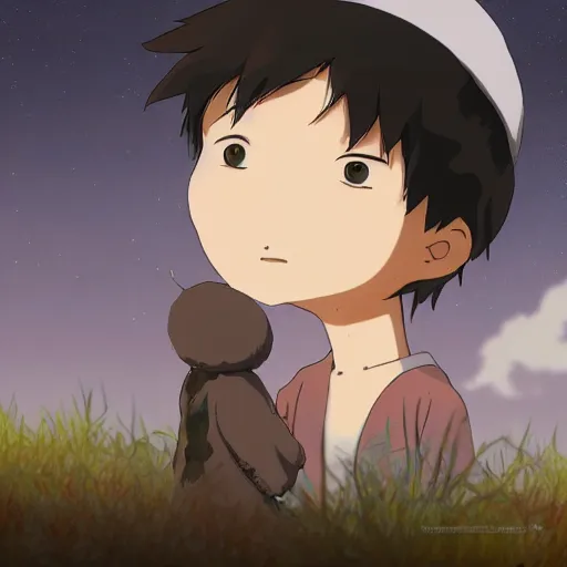 Image similar to friendly guy and small creature , with Fragile looking character portrait face made in Studio Ghibli artstyle ,highly detailed art, beautiful scene, sharp focus, smooth, 8k, anime art, fantasy, style in ghibli anime style