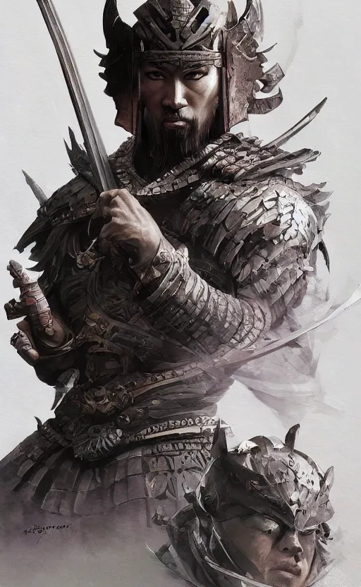 Prompt: samurai on his knee, symmetrical facial features, front game card, drark, marvel comics, dark, intricate, highly detailed, smooth, artstation, digital illustration by ruan jia and mandy jurgens and artgerm and wayne barlowe and greg rutkowski and zdislav beksinski