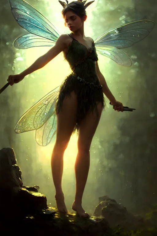 Prompt: cinematic shot of an epic portrait of a fairy dressed in military clothes, shiny skin, beautiful eyes, beautiful, small details, night setting, realistic poster with volumetric light from craig mallism, artgerm, jeremy lipkin and michael garmash, unreal engine, radiant light, detailed and complex environment, digital art, trends at art station, a masterpiece