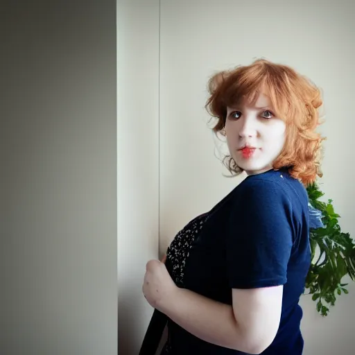 Prompt: nadine, a autistic woman, 23 years, from leipzig, photgraphy, curled hair,