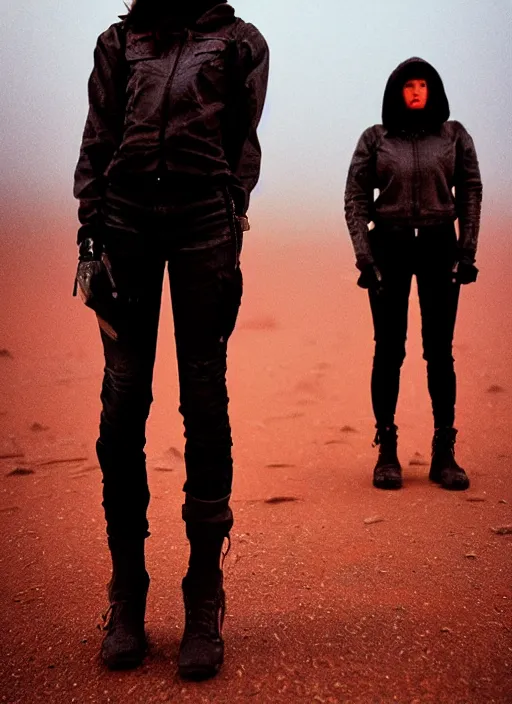 Image similar to cinestill 5 0 d photographic portrait of two loving female androids wearing rugged black techwear on a desolate plain with a red sky, extreme closeup, lizard on ground, cyberpunk style, in front of a brutalist dark metal facility, dust storm, 3 5 mm, 8 k, hd, f / 3 2, high resolution, ultra realistic faces