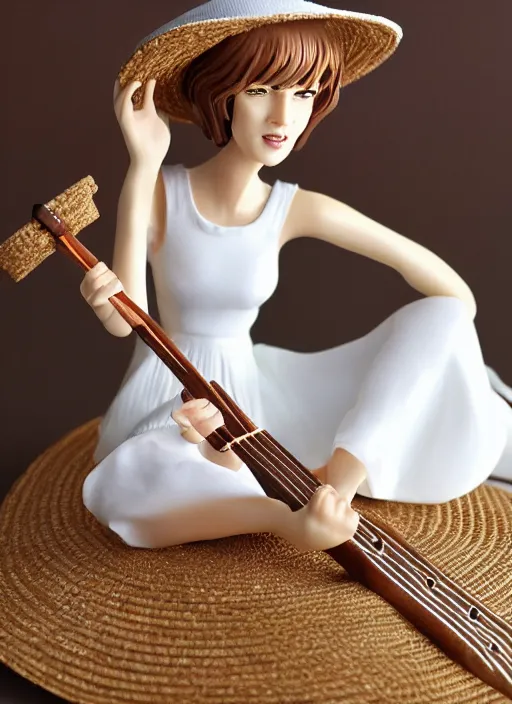 Prompt: Fine Image on the store website, eBay, Full body, 80mm resin figure of a cute tall girl in straw hat and white dress playing guitar, environmental light from the front