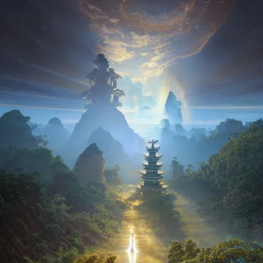 Prompt: in universe, a sacred road leads into the distance, at the end of the road is an ancient chinese architectural archway with the universe in the background, clouds in middle, ultra realistic. fine details. volumetric light. 8 k. by moebius, alphonse mucha and mohrbacher. 4 k, crepuscular rays, cinematic lighting