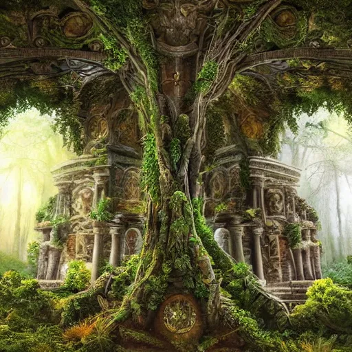 Prompt: beautiful ancient magical overgrown secret place, mysetrious etherial mesmerizing atmosphere, ancient ruins in the forest, extremely intricate, hyper detailed, hd, masterpiece