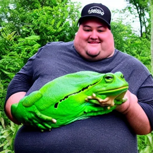 Prompt: fat man holding worlds largest fat frog which is screaming