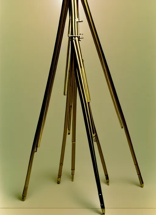 Prompt: realistic photo of a a modern brushwood and straw astronomy archeology scientific equipment gadget object made of brushwood, covered with eyes, a tripod is made of brass, by dieter rams 1 9 9 0, life magazine reportage photo, natural colors, metropolitan museum collection