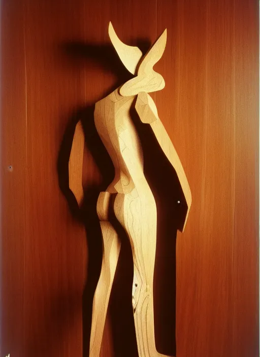 Prompt: realistic photo portrait of the a sculpture of a person morphing into a bird made of wood, poorly designed standing in the wooden polished and fancy expensive wooden interior room 1 9 9 0, life magazine reportage photo