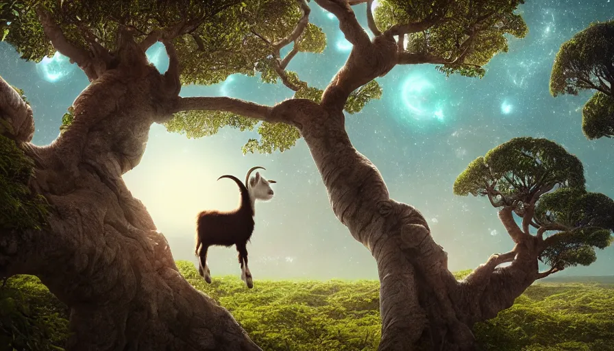 Image similar to very very small goat, sitting on a gigantic banyan tree in moonlit socotra island by ilya kuvshinov, starry night, rtx rendering, octane render 1 2 8 k, maya, extreme high intricate details by tom bagshaw, medium shot, close up shot, composition by sana takeda, lighting by greg rutkowski