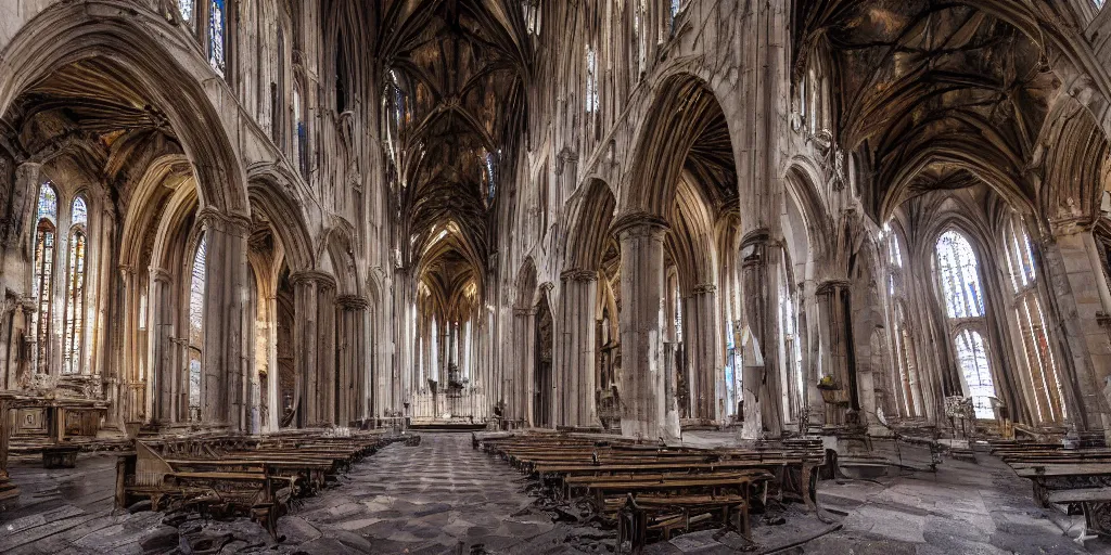 Image similar to a wide angle shot of the interior of an old and decaying cathedral, award-winning photo, 8k, extremely detailed and sharp, cinematic lighting