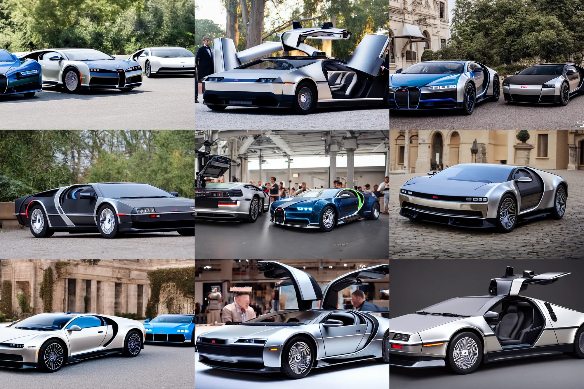 Image similar to a single delorean and bugatti chiron model 3 hybrid, dslr