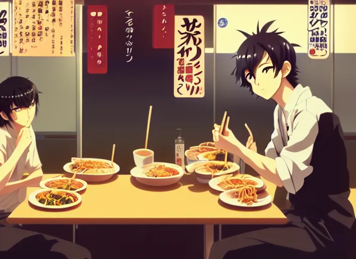 Prompt: anime visual, full body illustration a young man having lunch at a ramen stall at midnight, handsome face by ilya kuvshinov, yoshinari yoh, makoto shinkai, katsura masakazu, dynamic perspective pose, detailed facial features, kyoani, rounded eyes, crisp and sharp, cel shad, anime poster, ambient light,