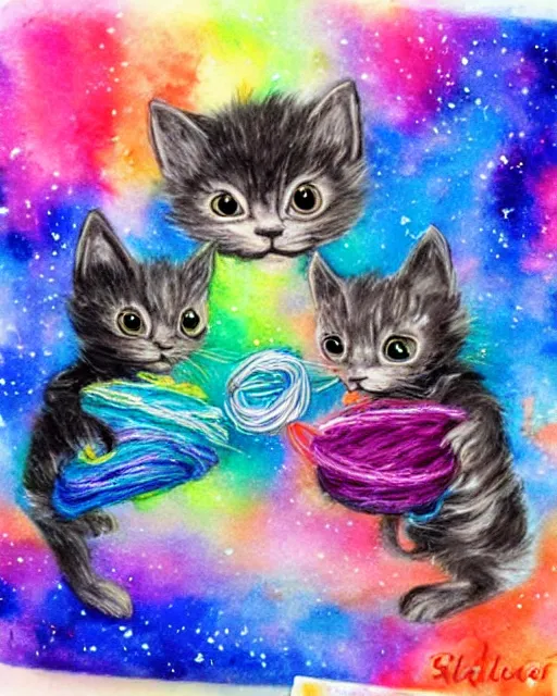 Prompt: cute galactic space kittens playing with yarn, painted in water colors