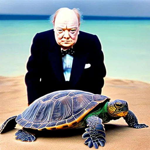 Prompt: An astonished confounded Winston Churchill discovers the first turtle ever in Galapagos, national geographic, BBC, XF IQ4, f/3.2, ISO 200, 1/160s, 8K, RAW, unedited, face retouched, AI enhanced