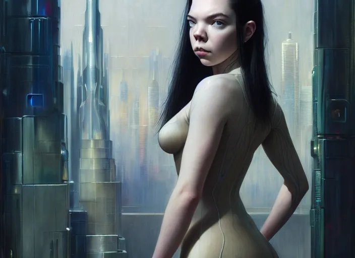 Prompt: portrait shot of anya taylor - joy in ghost in the shell, intricate, elegant, highly detailed, centered, digital painting, artstation, concept art, smooth, sharp focus, illustration, artgerm, tomasz alen kopera, peter mohrbacher, donato giancola, joseph christian leyendecker, wlop, boris vallejo biomechanical