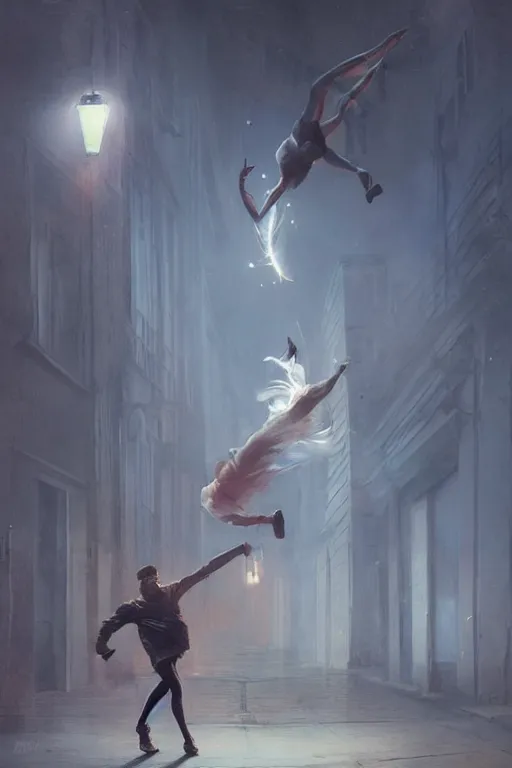 Image similar to street dancer in the wind by artgem and greg rutkowski, light cone, reimagined by industrial light and magic