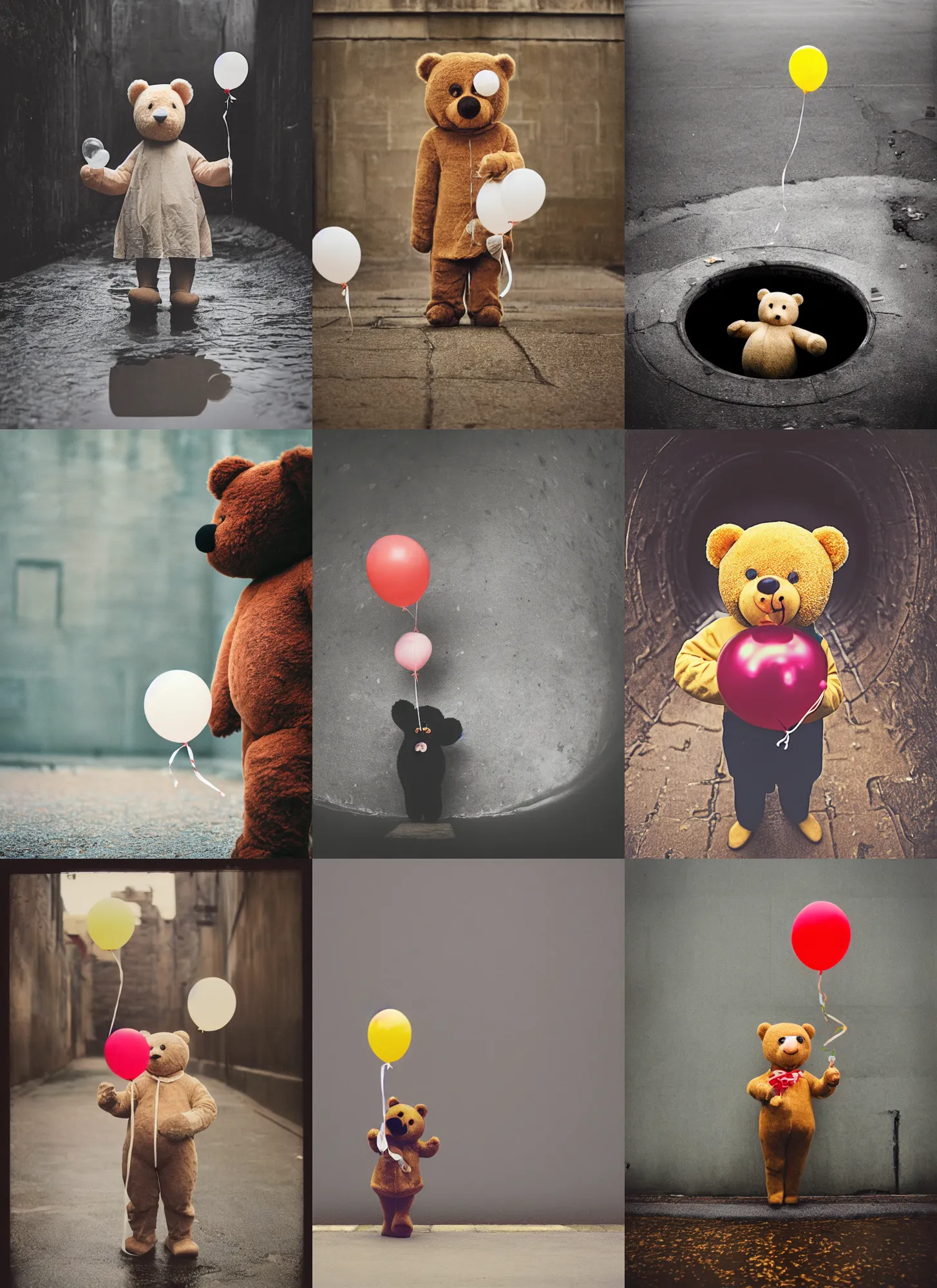 Prompt: medium format film portrait of an anthropomorphic teddy bear holding a balloon standing in a sewer, hasselblad film bokeh, unsplash, soft light photographed on colour expired film