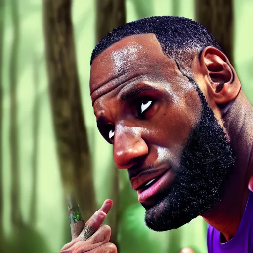 Prompt: lebron james doing yoga in the forest, high detail shot, smoking, render, cgsociety, photorealism