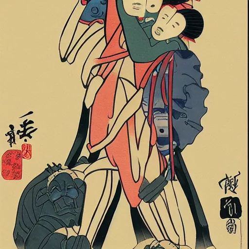 Prompt: a robot and a zombie hugging, shunga style, ukiyo - e art, artstation