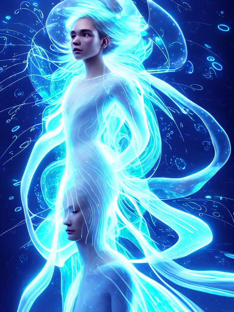 Image similar to front shot of female elemental surrounded by bioluminescent plankton, clear white dress, beautiful, radiant, glowing swirling hair, levitating, character, hyperdimensional, bioluminescent hypercubes, dark holography, spectral, chrome, intricate, elegant, highly detailed, centered, artstation, concept art, smooth, sharp focus, artgerm, Tomasz Alen Kopera, Peter Mohrbacher, donato giancola, Joseph Christian Leyendecker, WLOP, Boris Vallejo, mugshot, octane render, nvidia raytracing demo, 8K