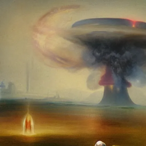 Prompt: a boy and a robot sitting and looking a nuclear explosion smoke mushroom from far away, artwork by jmw turner