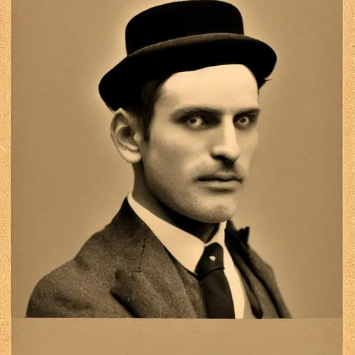 Image similar to A photograph portrait of Jerma985 wearing a bowler hat in the early 1920s, taken in the early 1920s, grainy, taken on a early 1900s Kodak Camera, realistic, hyperrealistic, very realistic, highly detailed, very detailed, extremely detailed, detailed, digital art, trending on artstation