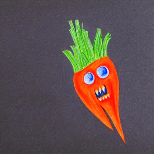 Prompt: a child\'s colored pencil drawing of a long and skinny carrot with an open mouth, sharp teeth, scary face, black background