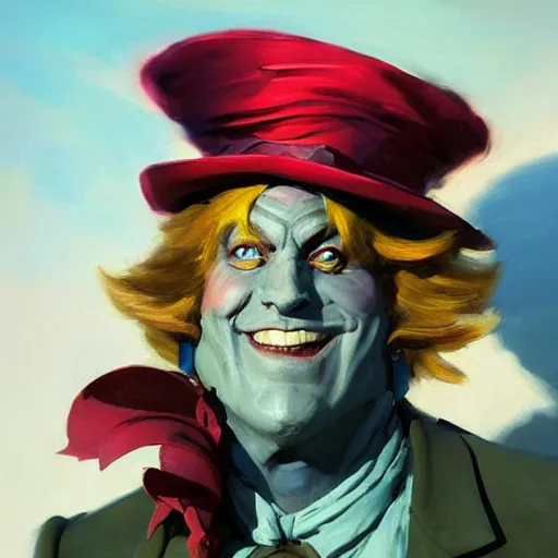 Image similar to greg manchess portrait painting of partially armored mad hatter from alice in wonderland as overwatch character, wacky, medium shot, asymmetrical, profile picture, organic painting, sunny day, matte painting, bold shapes, hard edges, street art, trending on artstation, by huang guangjian and gil elvgren and jesper ejsing