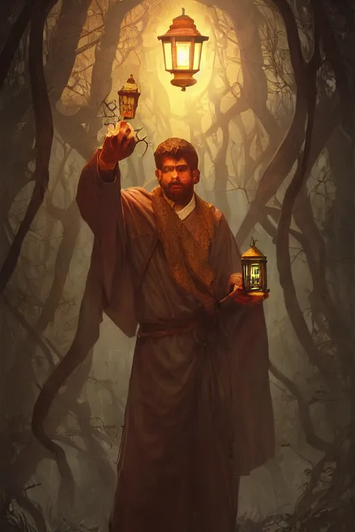 Prompt: male senior cleric holding a lantern surrounded by zombies, highly detailed, digital painting, artstation, concept art, smooth, sharp focus, illustration, art by artgerm and greg rutkowski and alphonse mucha and andrei riabovitchev