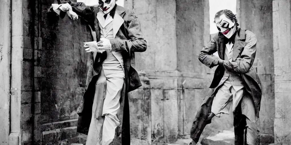 Image similar to joker wearing clothes in the style of directoire style, photograph, grinning, creepy,